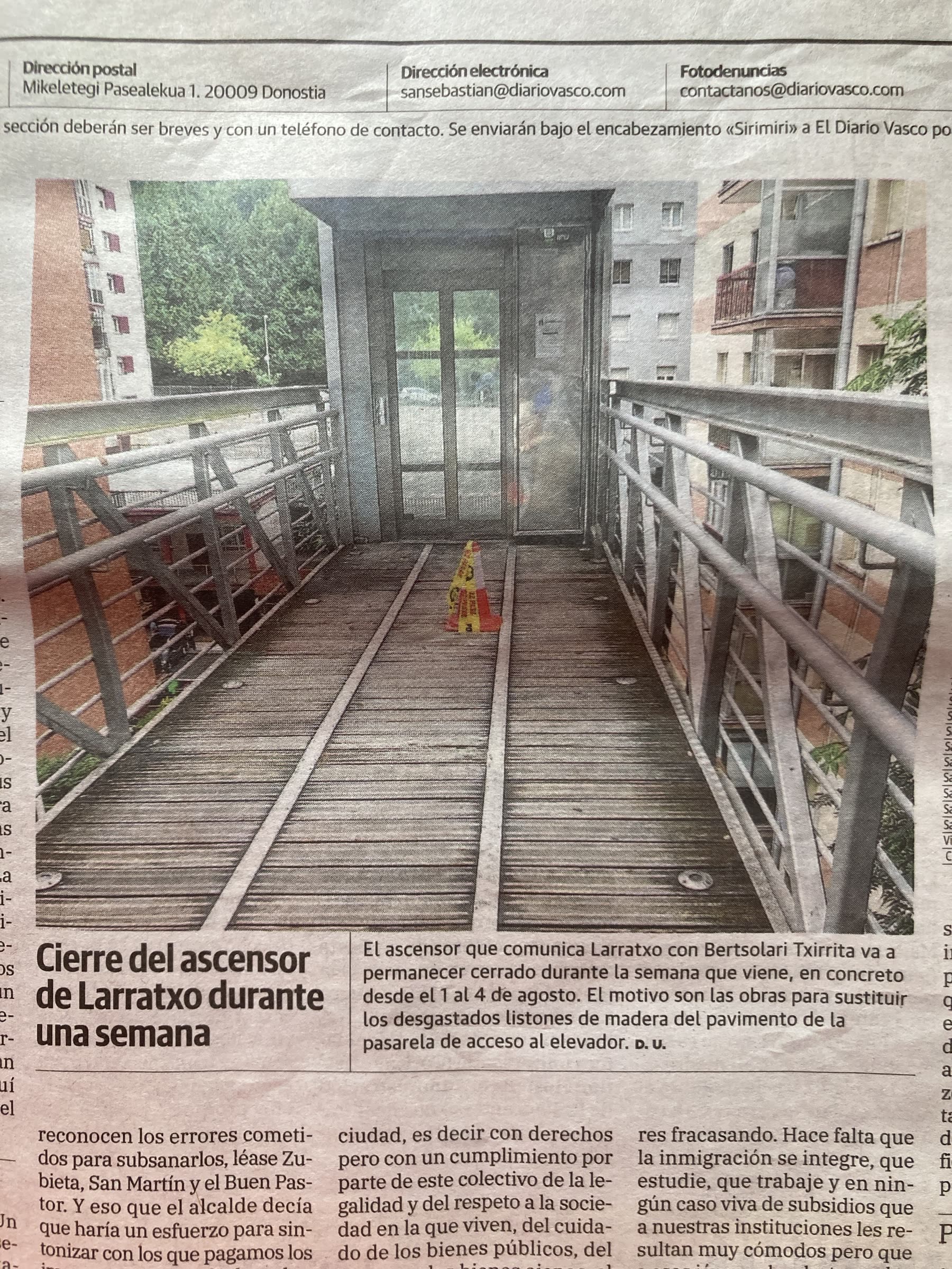Publicació al diari sobre la passera de l'ascensor de Larratxo renovada per GARRA